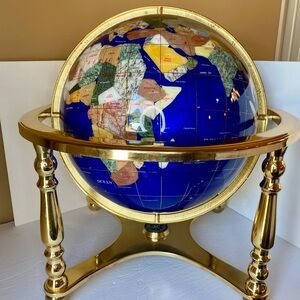 18”Blue Globe Ocean Gold 4 leg table stand Gem Gemstone World MAP Compass